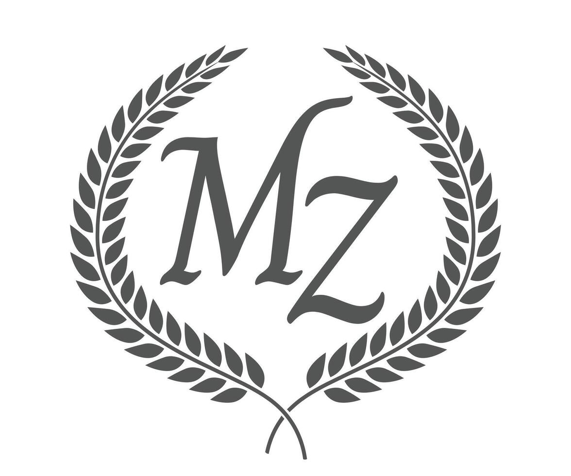 Initial letter M and Z, MZ monogram logo design with laurel wreath. Luxury calligraphy font. vector