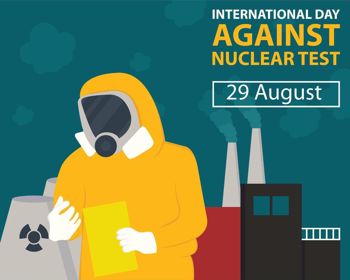 illustration graphic of a nuclear scientist holds a notepad, showing a nuclear reactor, perfect for international day, against nuclear test, celebrate, greeting card, etc. vector