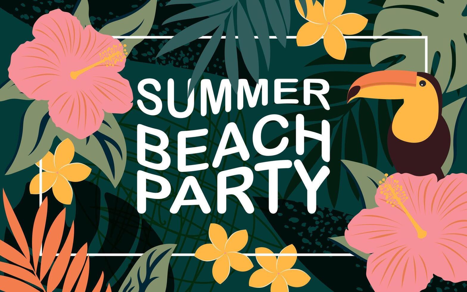 Tropical poster with flowers, leaves and toucan bird vector