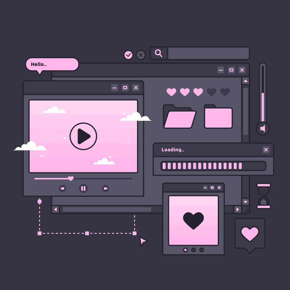 cute set of dark pink theme interface template design vector