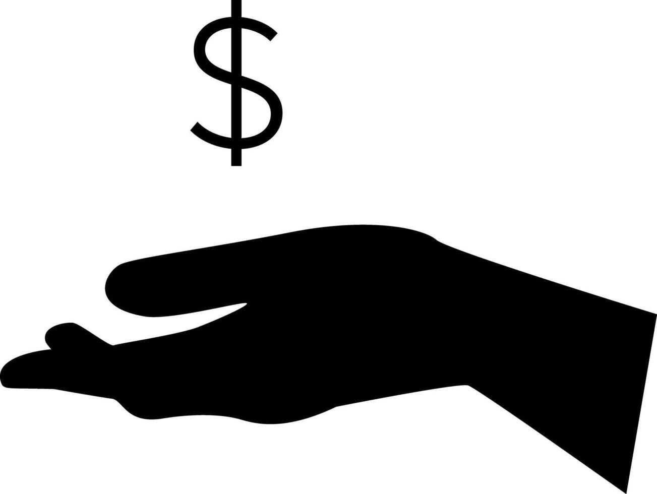 Silhouette of a dollar sign above an outstretched hand. Illustration in black color. vector