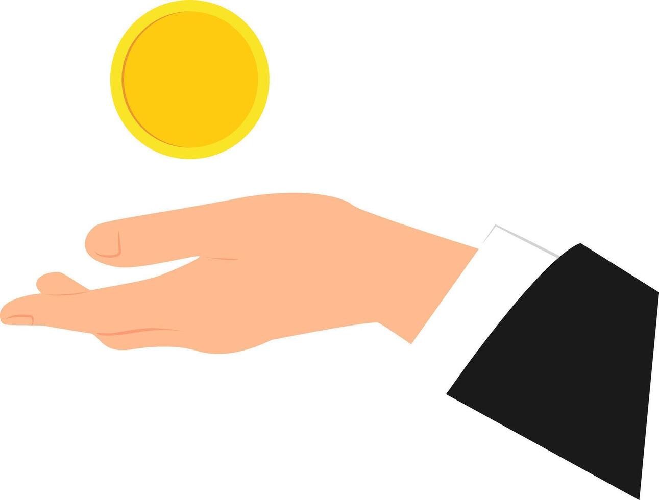 A gold coin above the outstretched palm of a hand wearing in a business suit. illustration. vector