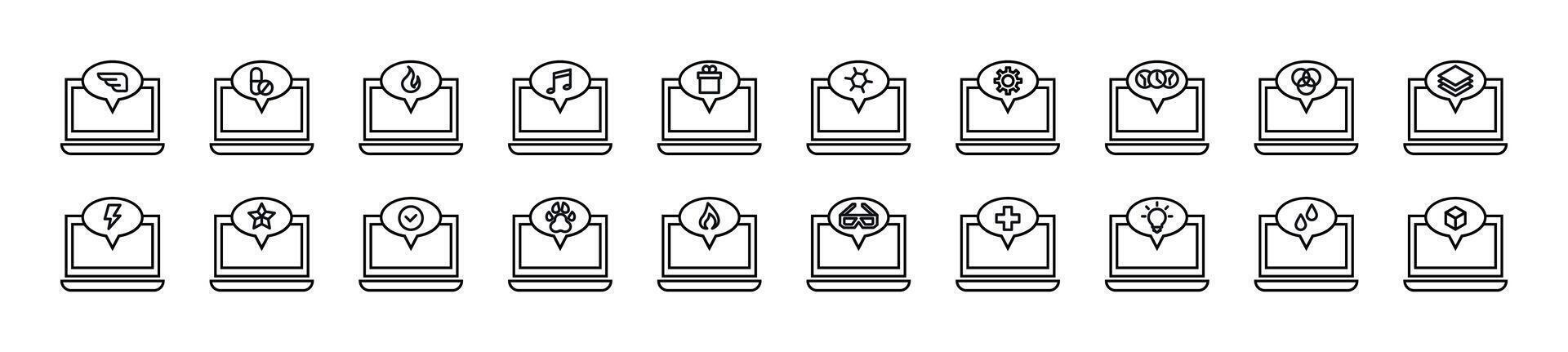 Set of thin line icons of laptop and speech bubble. Editable stroke. Simple linear illustration for web sites, newspapers, articles book vector