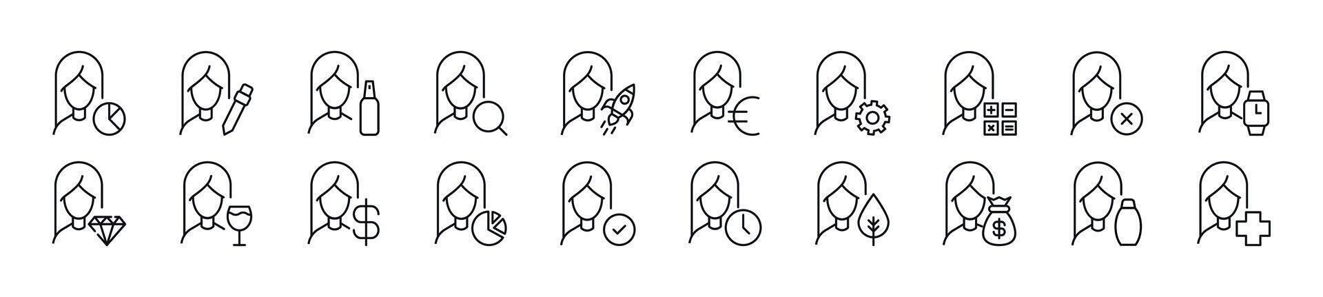 Female user by items line icons collection. Editable stroke. Simple linear illustration for web sites, newspapers, articles book vector