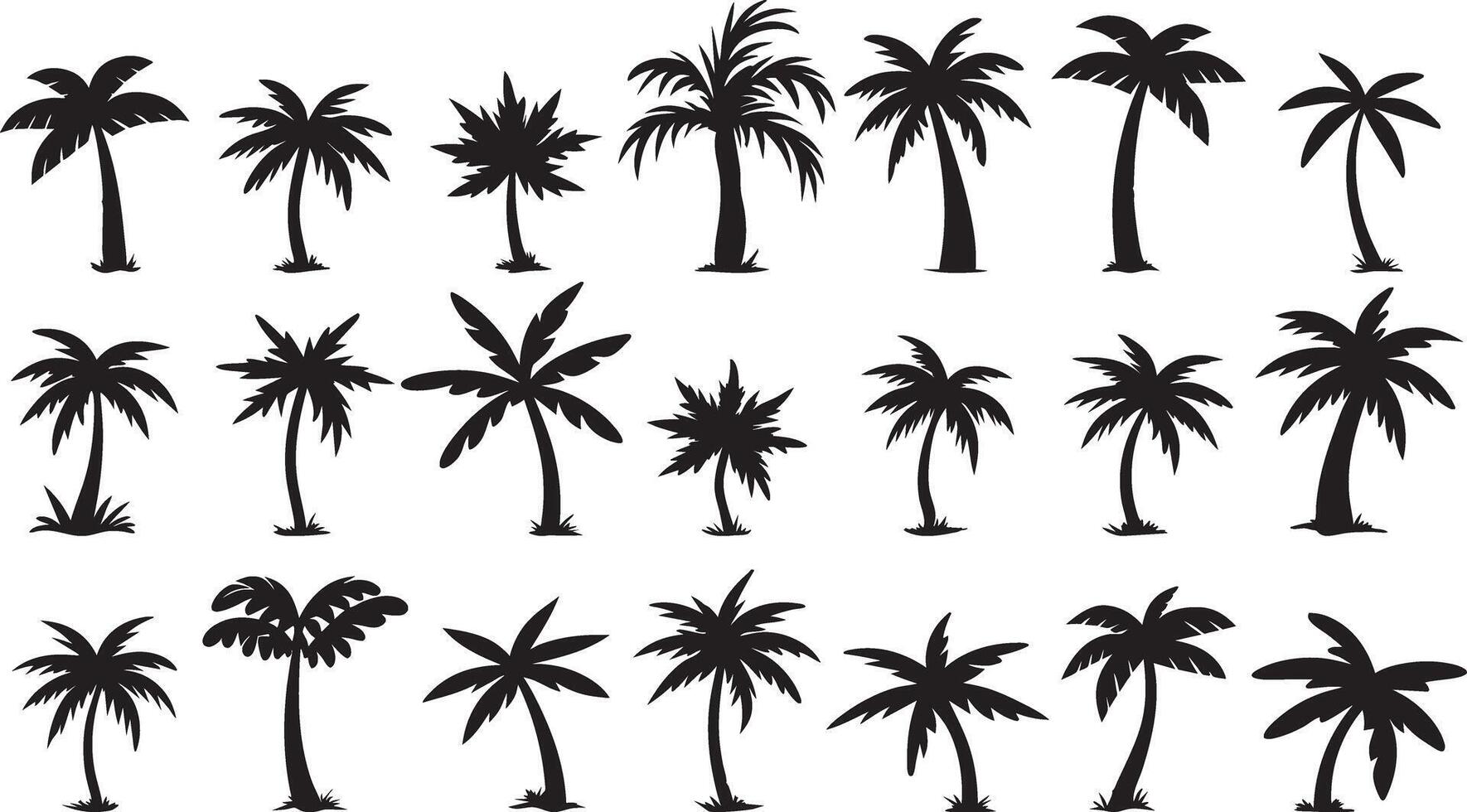 Black cartoon palm trees set isolated on white background. Palm silhouettes. Design of palm trees for posters vector
