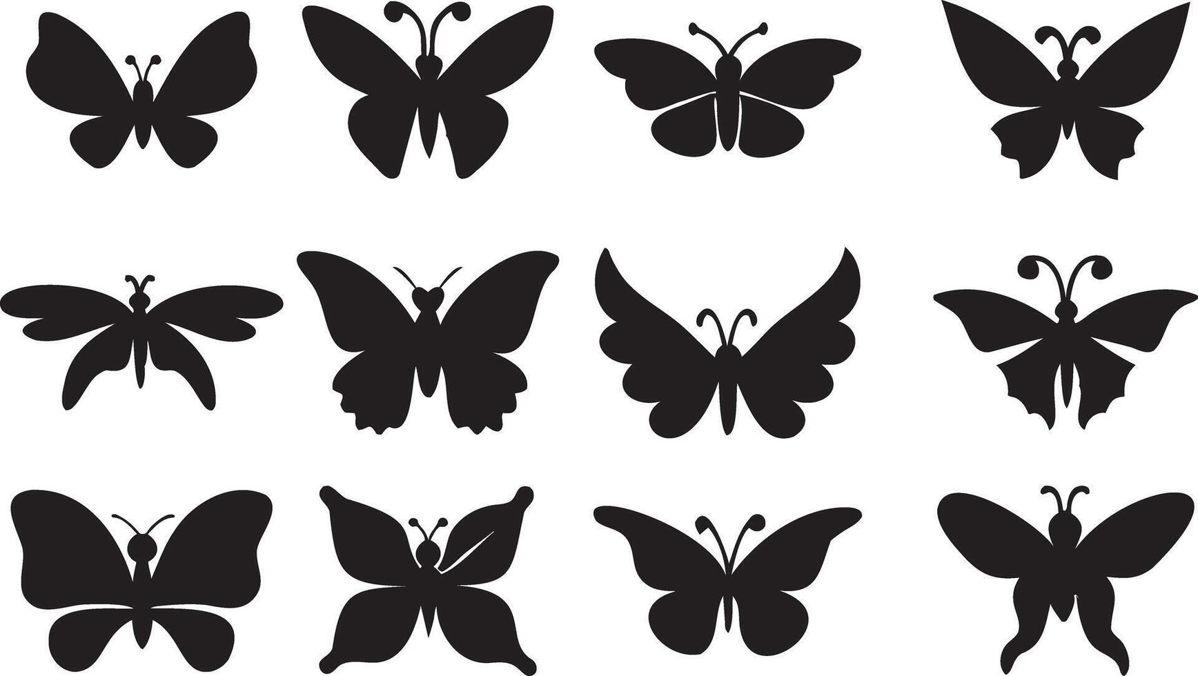 Flying butterflies silhouette black set isolated on transparent background, Set of flying butterfly silhouette, isolated object vector