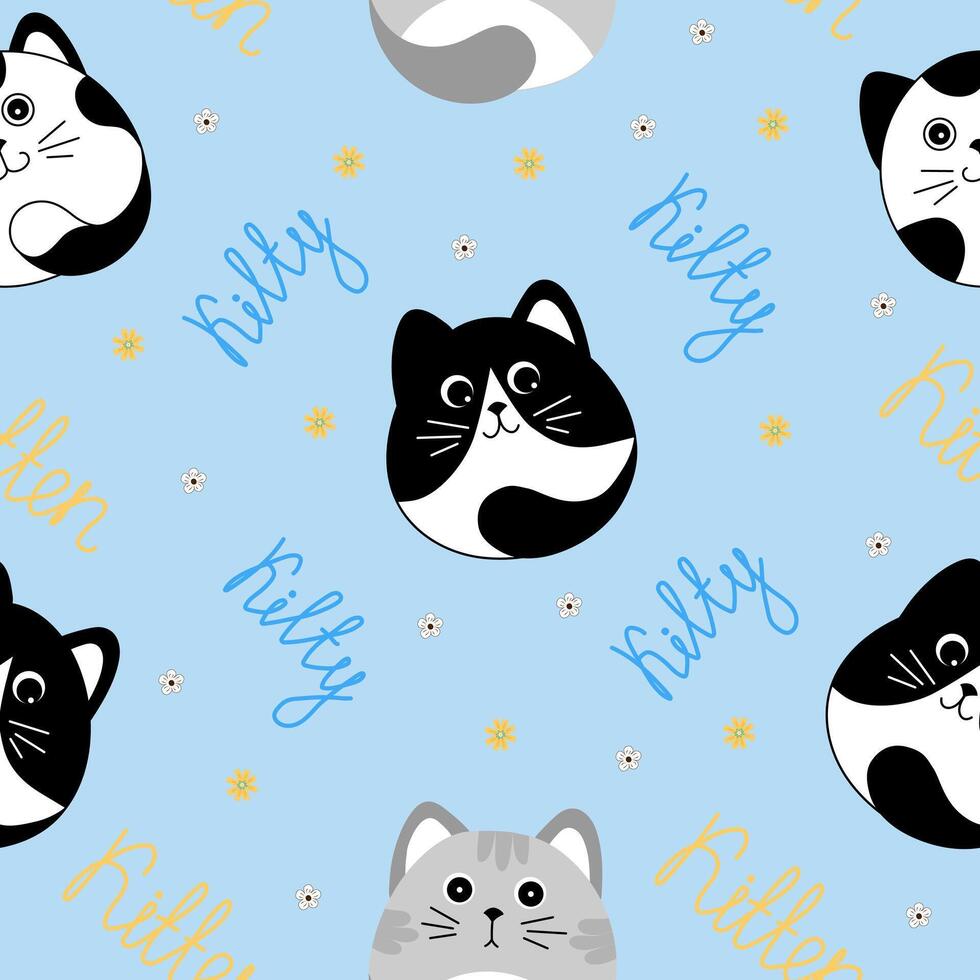 Seamless pattern with many different grey, black and white cats on blue background. illustration for children. vector