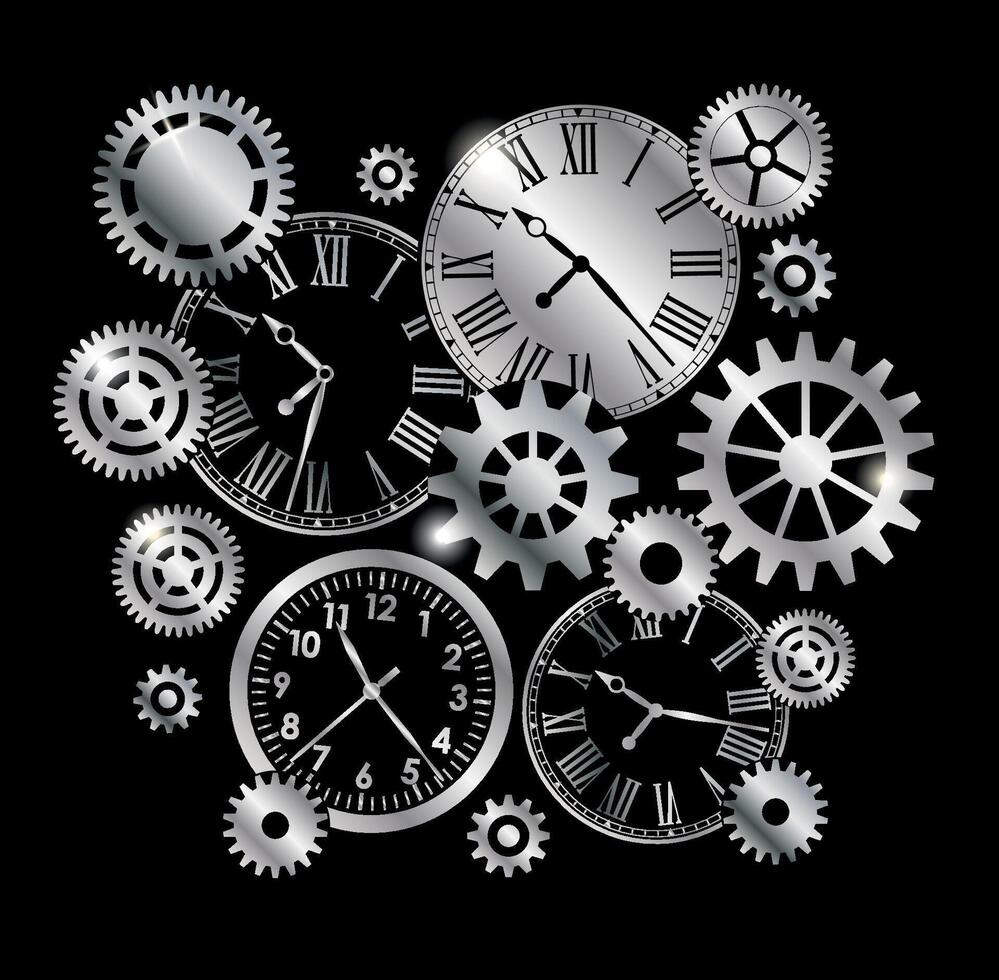 Silver metal clocks and gears and mechanisms on black background vector