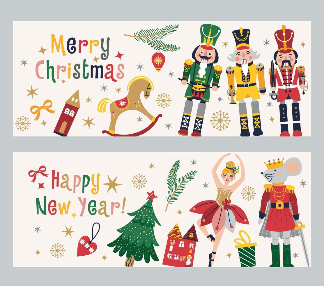 Happy New Year Nutcrackers banners set on Light Background. Postcard. Childish rocking horses. Christmas illustration. vector