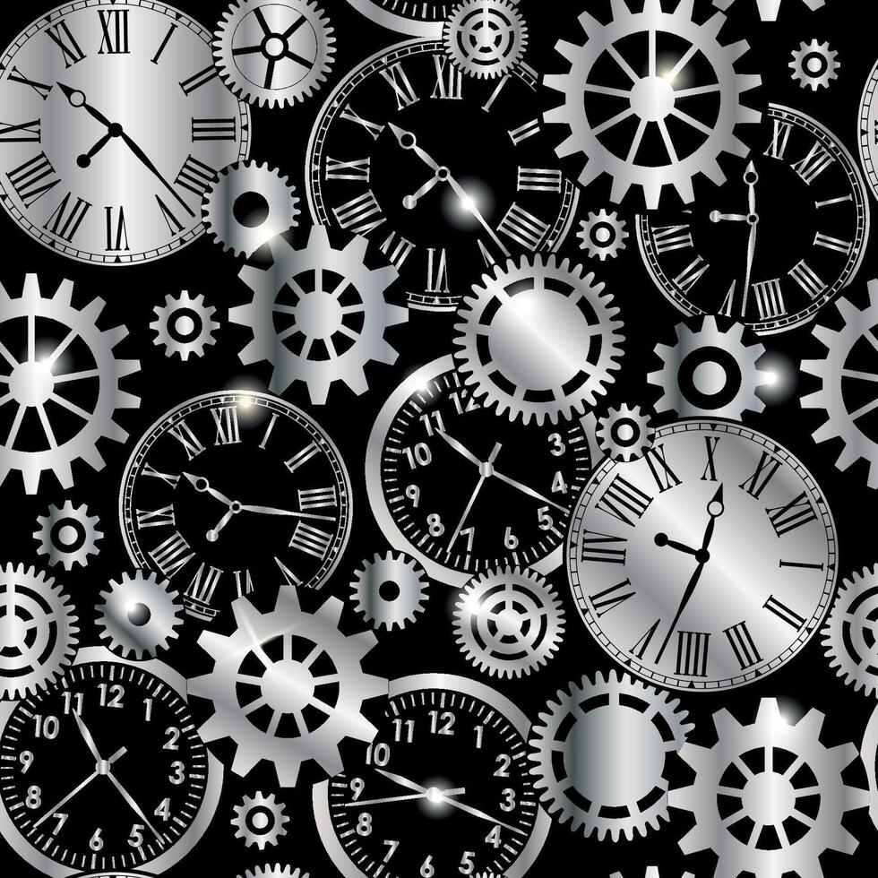 Silver metallic mechanical gears and clocks seamless pattern on black background vector