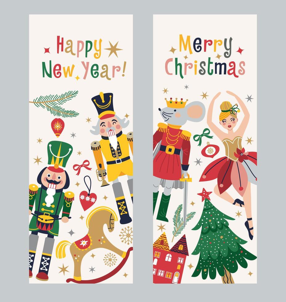 Happy New Year Nutcrackers banners set on Light Background. Postcard. Childish rocking horses. Christmas illustration. vector