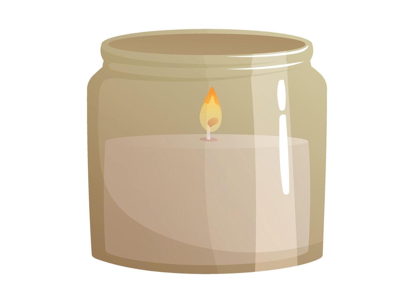 Decorative interior aromatic wax candle with flame in glass jar. isolated cartoon illustration. vector