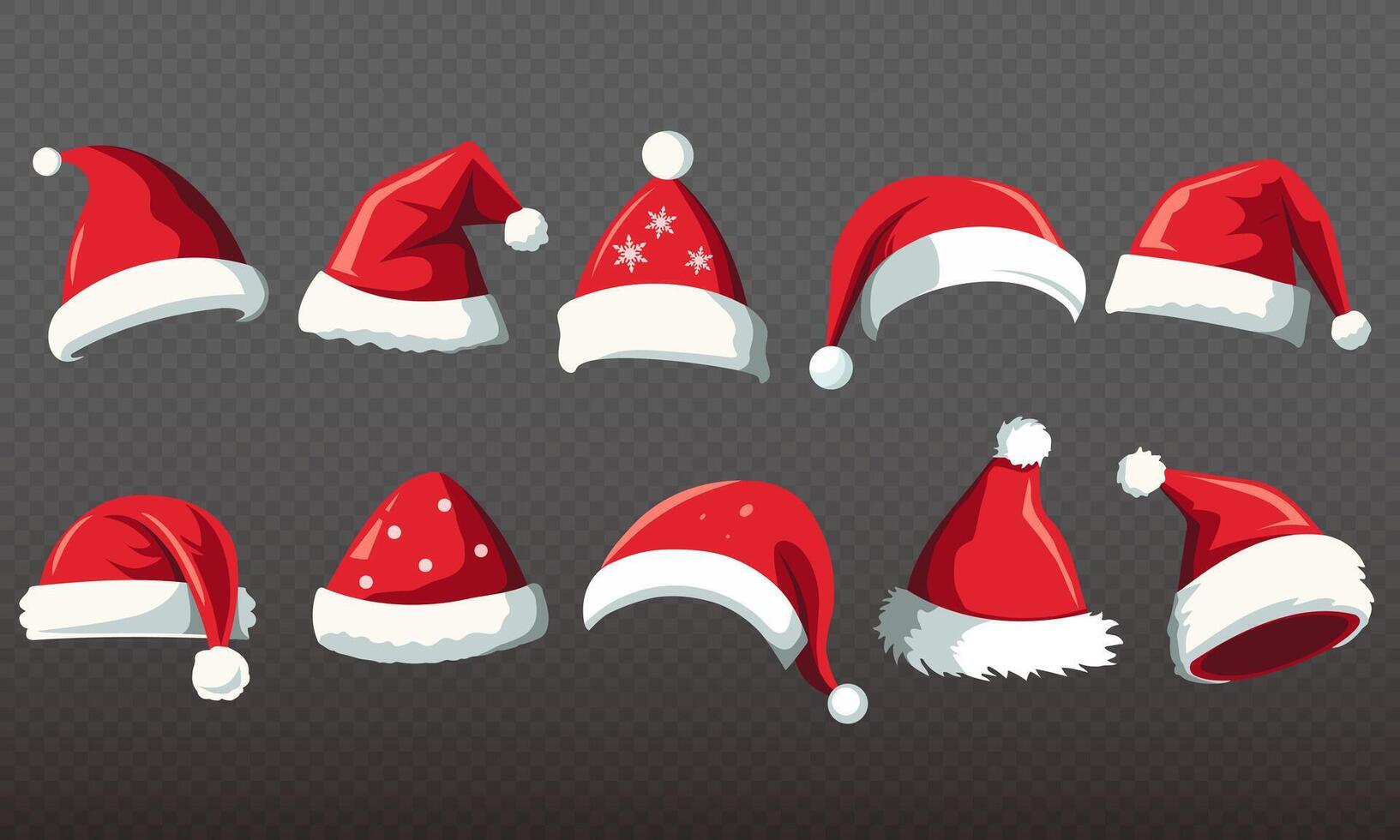 Set of Santa hats. Realistic santa claus hat colllection, holiday cap to xmas illustration. New Year hats. vector