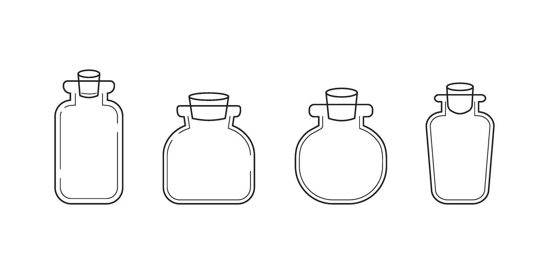 Outline magic glass vessels with corks. Empty flask, container, bottle, jar. Spiritual wizard witchcraft potion. Halloween concept. Line art. Black and white isolated on white. vector