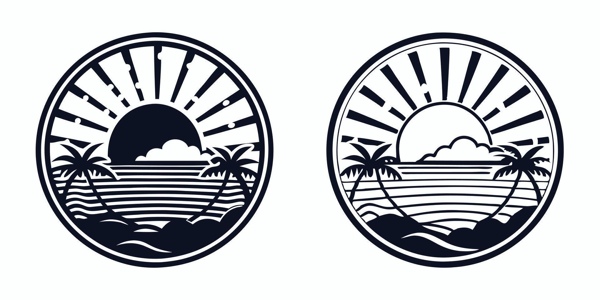 two circular logos with palm trees and the sun vector