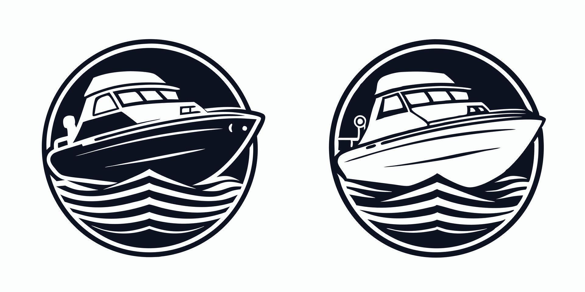 two boat emblems with a boat in the water vector
