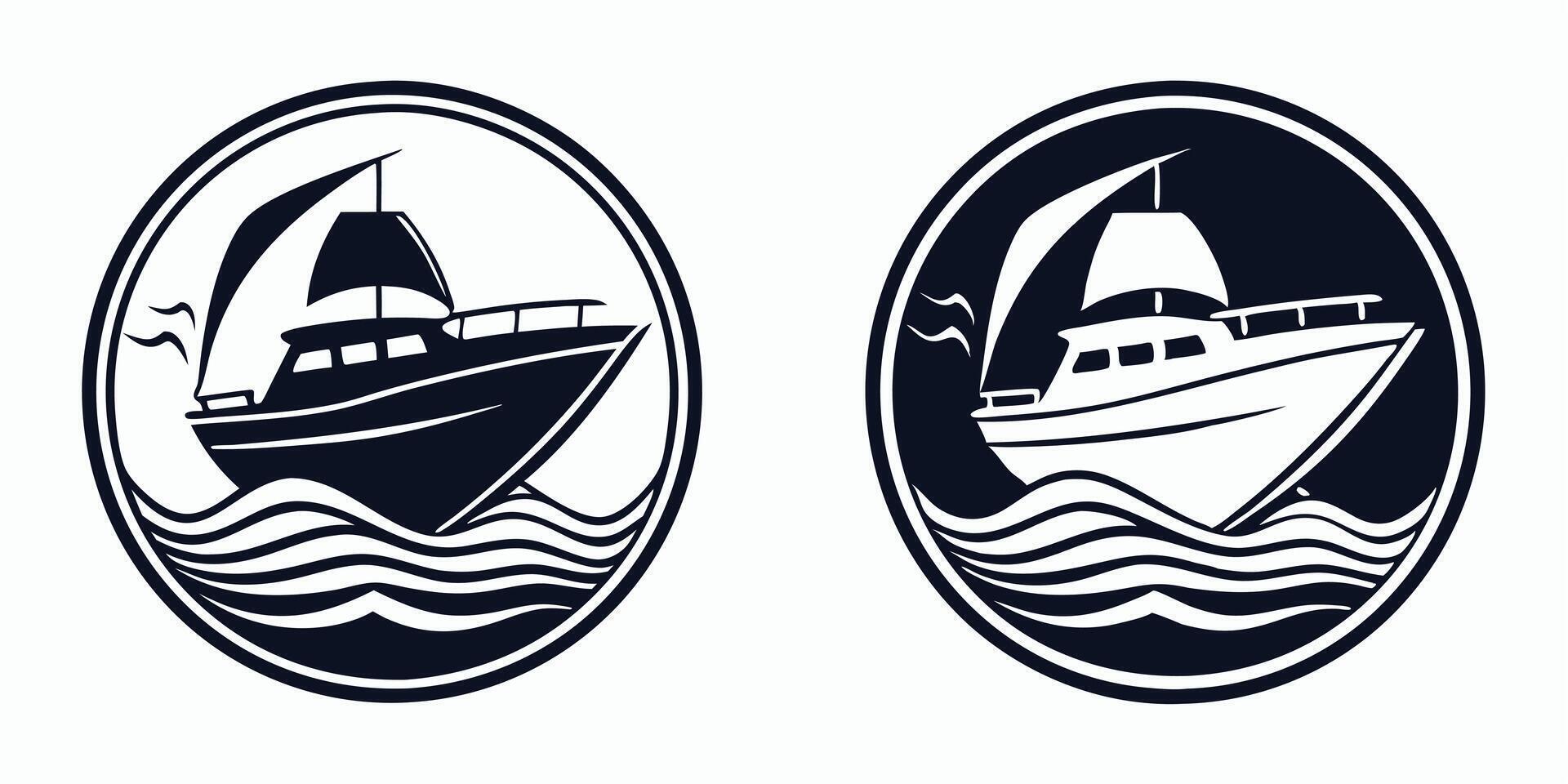 two boat logo emblems with a sailboat in the ocean vector