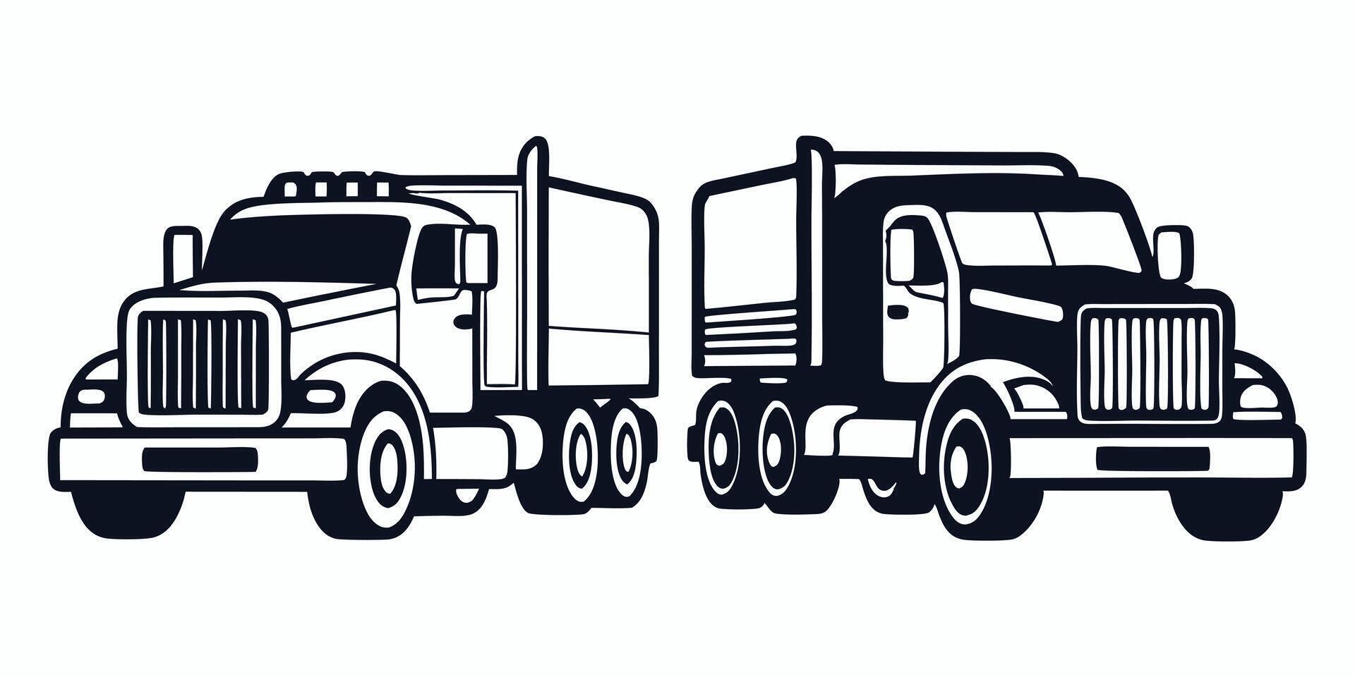 two semi trucks are shown in black and white vector