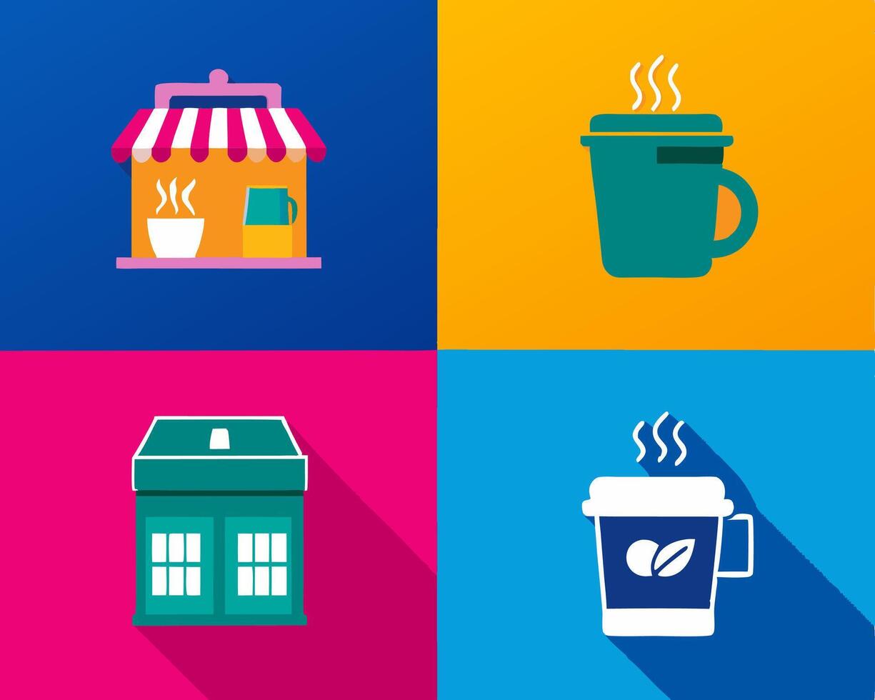 four different icons of coffee shops, coffee cups and a coffee shop vector