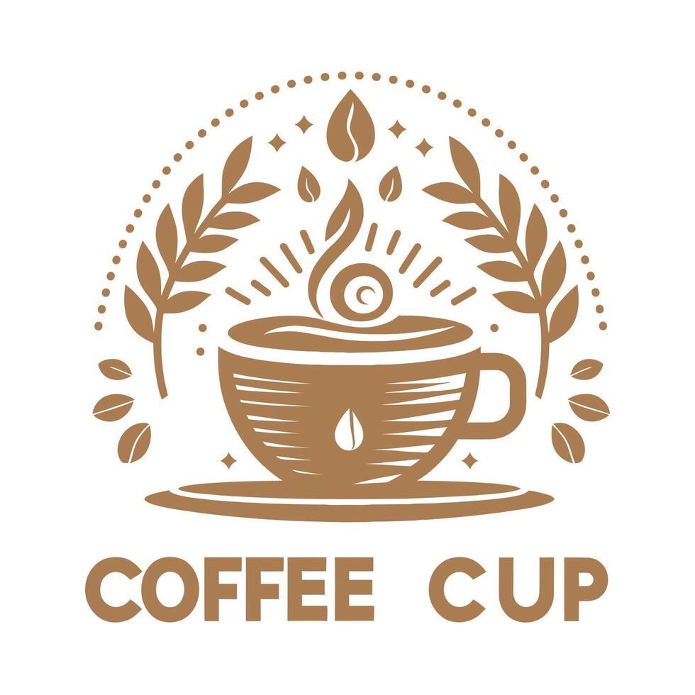 Black silhouette Coffee with steaming cup, coffee beans, and wheat elements vector