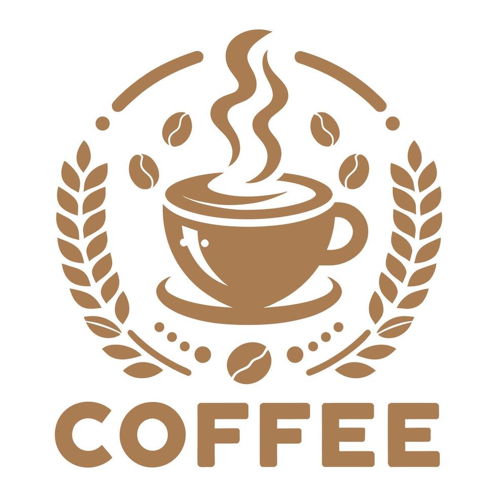 Black silhouette Coffee with steaming cup, coffee beans, and wheat elements vector