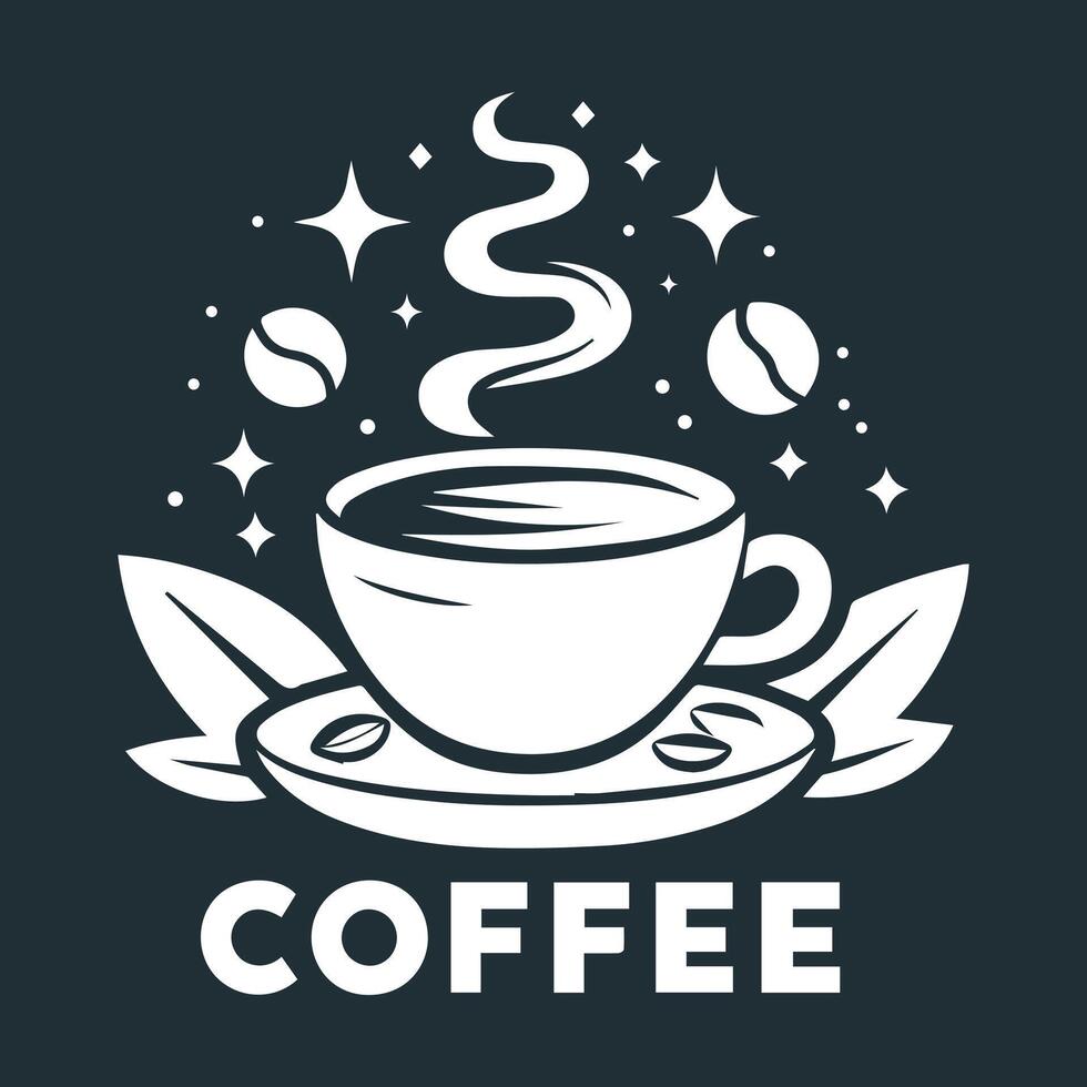 Black silhouette Coffee with steaming cup, coffee beans, and wheat elements vector