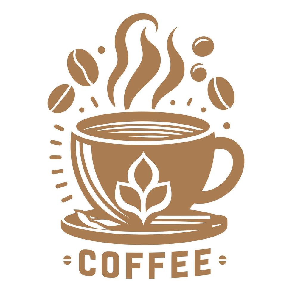 Black silhouette Coffee with steaming cup, coffee beans, and wheat elements vector