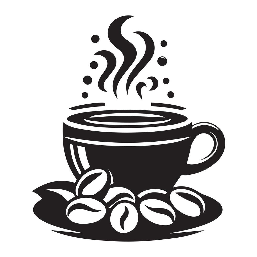 Black silhouette Coffee with steaming cup, coffee beans, and wheat elements vector