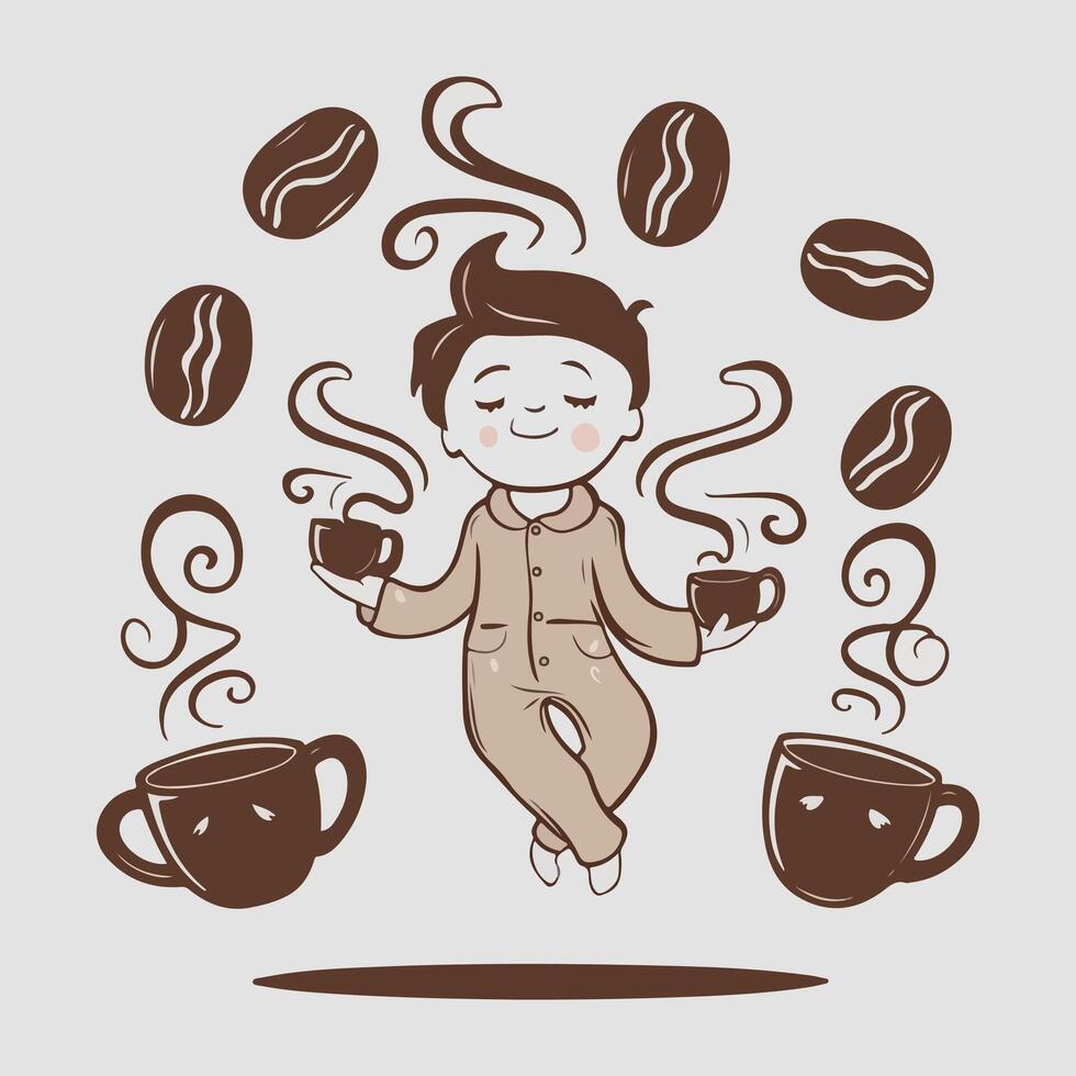 Relaxed Coffee Lover Floating with Cups and Beans - Whimsical Coffee-Themed Illustration vector