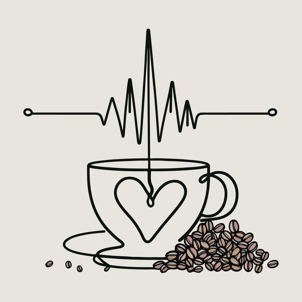 Coffee cup with heart-shaped steam and coffee beans surrounded by heartbeat line illustration vector