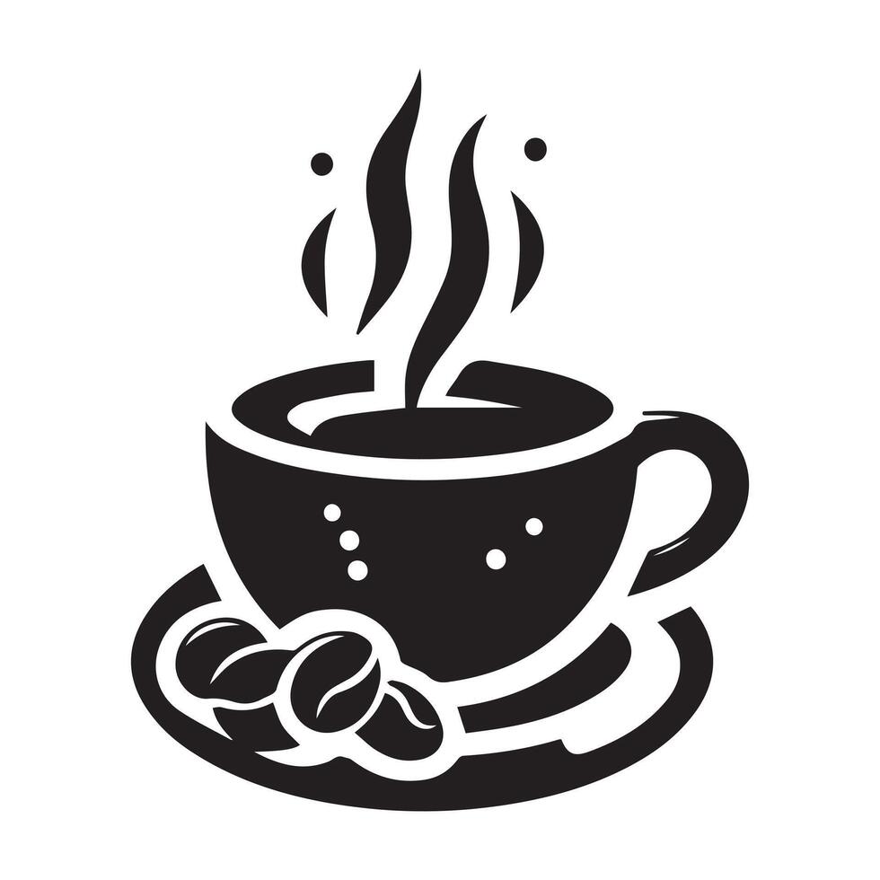 Black silhouette Coffee with steaming cup, coffee beans, and wheat elements vector