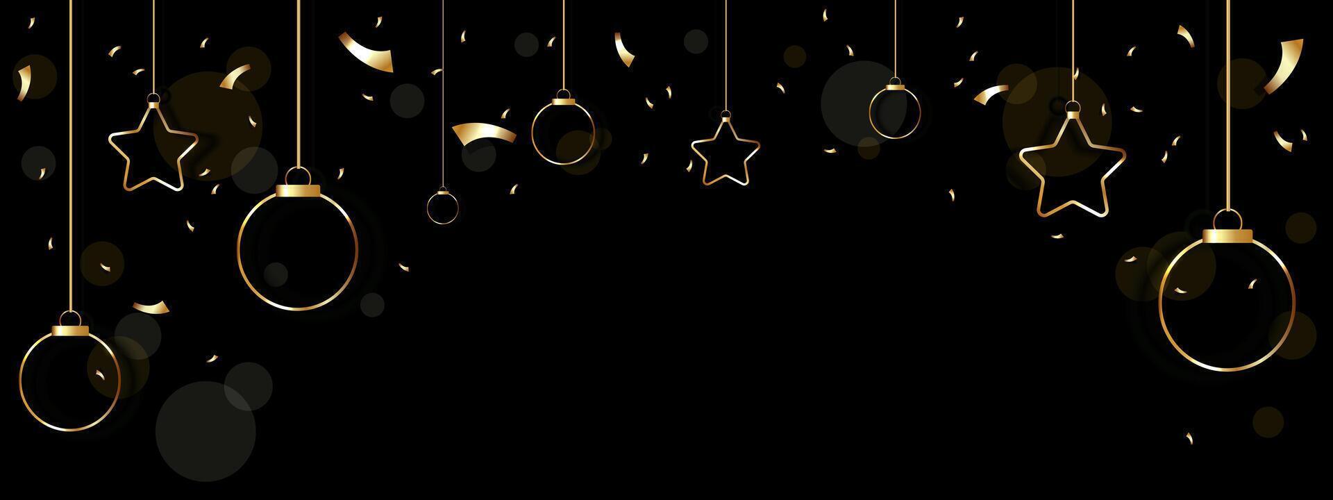Falling Gold confetti and ribbon streamers falling on dark background with copy space for text. Merry Christmas and New year design template. vector