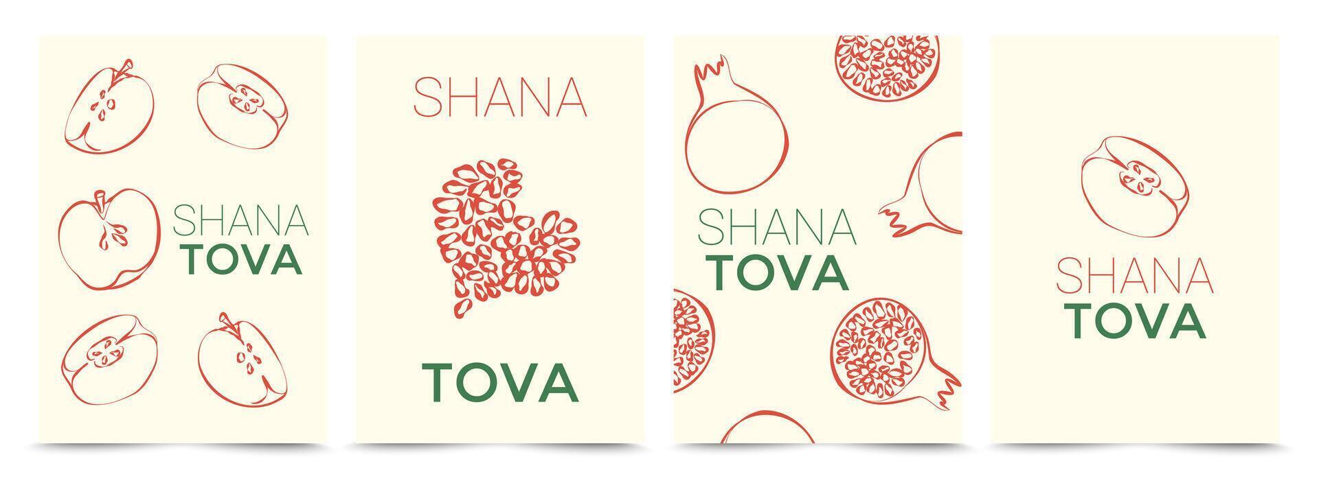 Rosh Hashanah greeting cards with apples and pomegranates on a light background. Festive holiday concept. Design elements on Jewish New Year for postcard, background, card, invitation or poster vector