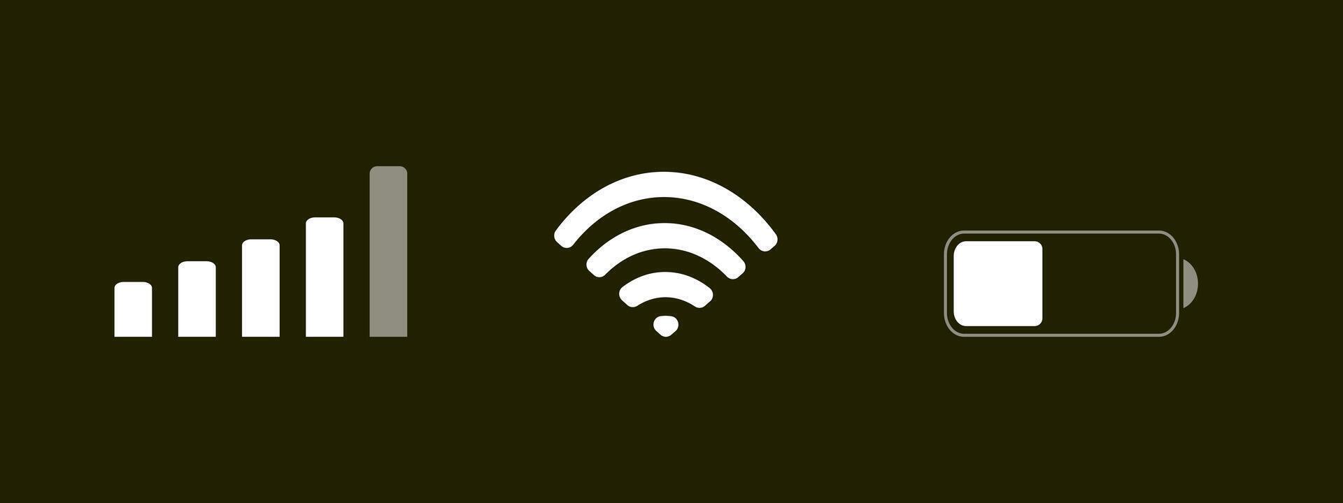 Set of status bar icons. Mobile phone system with Signal, wifi, and battery charge level icons. Illustration. White icons isolated on black background vector
