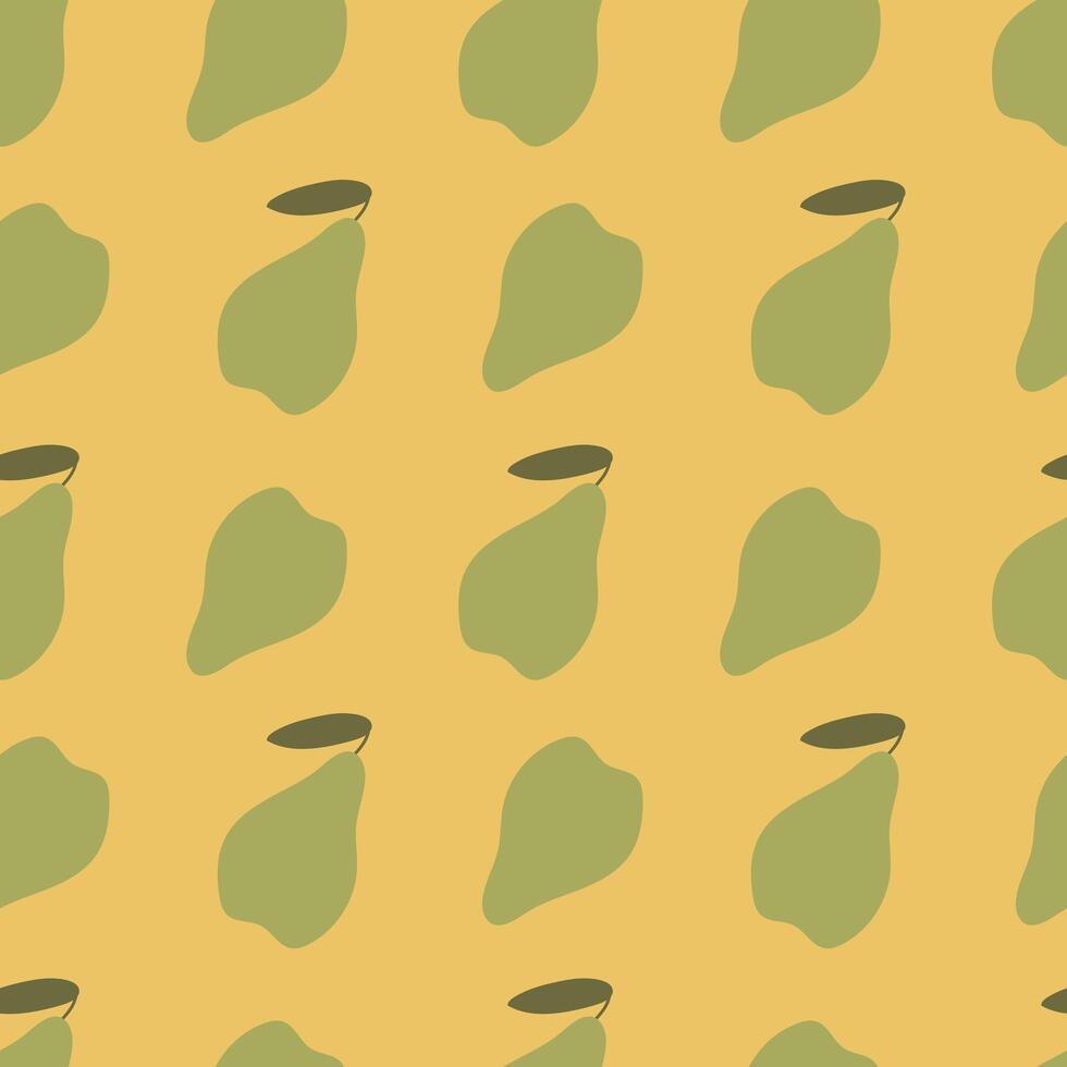 Pear seamless pattern. Green flat pear on a yellow background. Summer illustration for fabric, baby clothes, packaging, cover, background vector