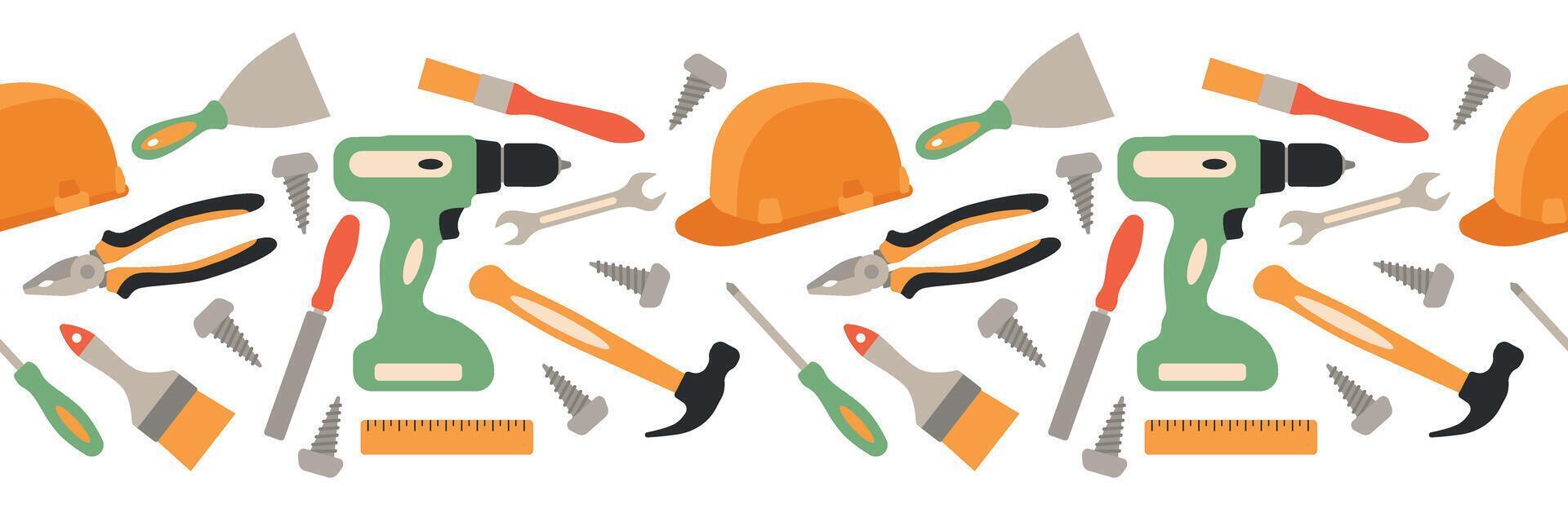 Building tools seamless border. Labor Day set. Isolated illustration in clip art style. vector