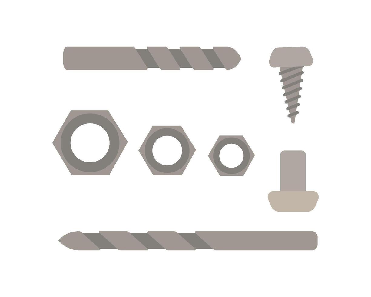 Nut, nail, self-tapping screw, drill set. Professional fasteners for repairs. Isolated illustration in clip art style. vector