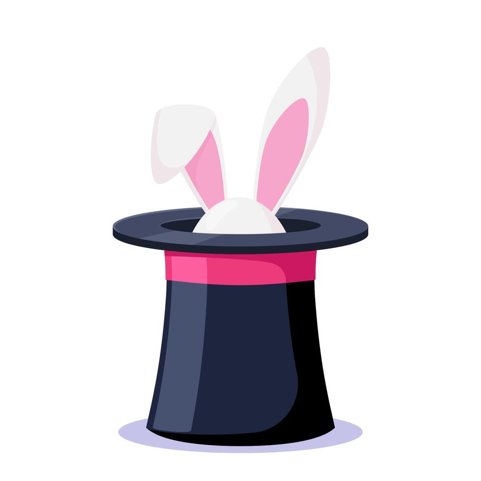 Magic hat with bunny ears. Magician hat with rabbit. Circus show, abracadabra wand. Magic rabbit in hat, bunny trick. illustration. vector