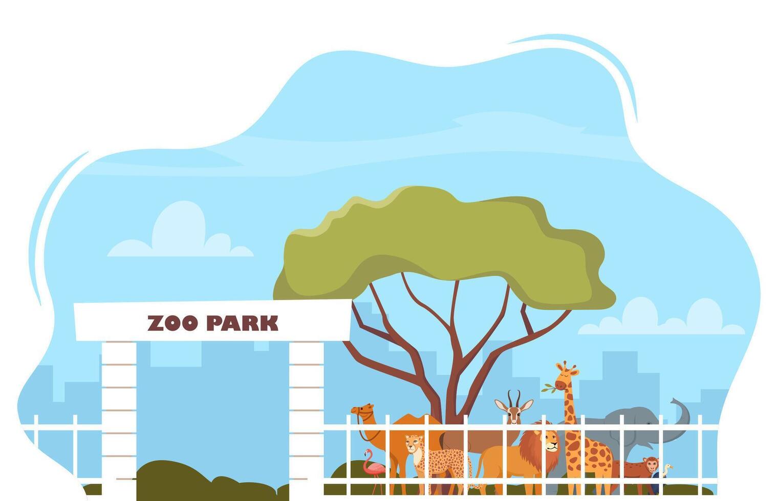 Zoo entrance gate and exotic African animals. Elephant, giraffe, camel, cheetah, lion, flamingo, vulture, monkey on territory of wildlife zoo park surrounded by fence. illustration. vector