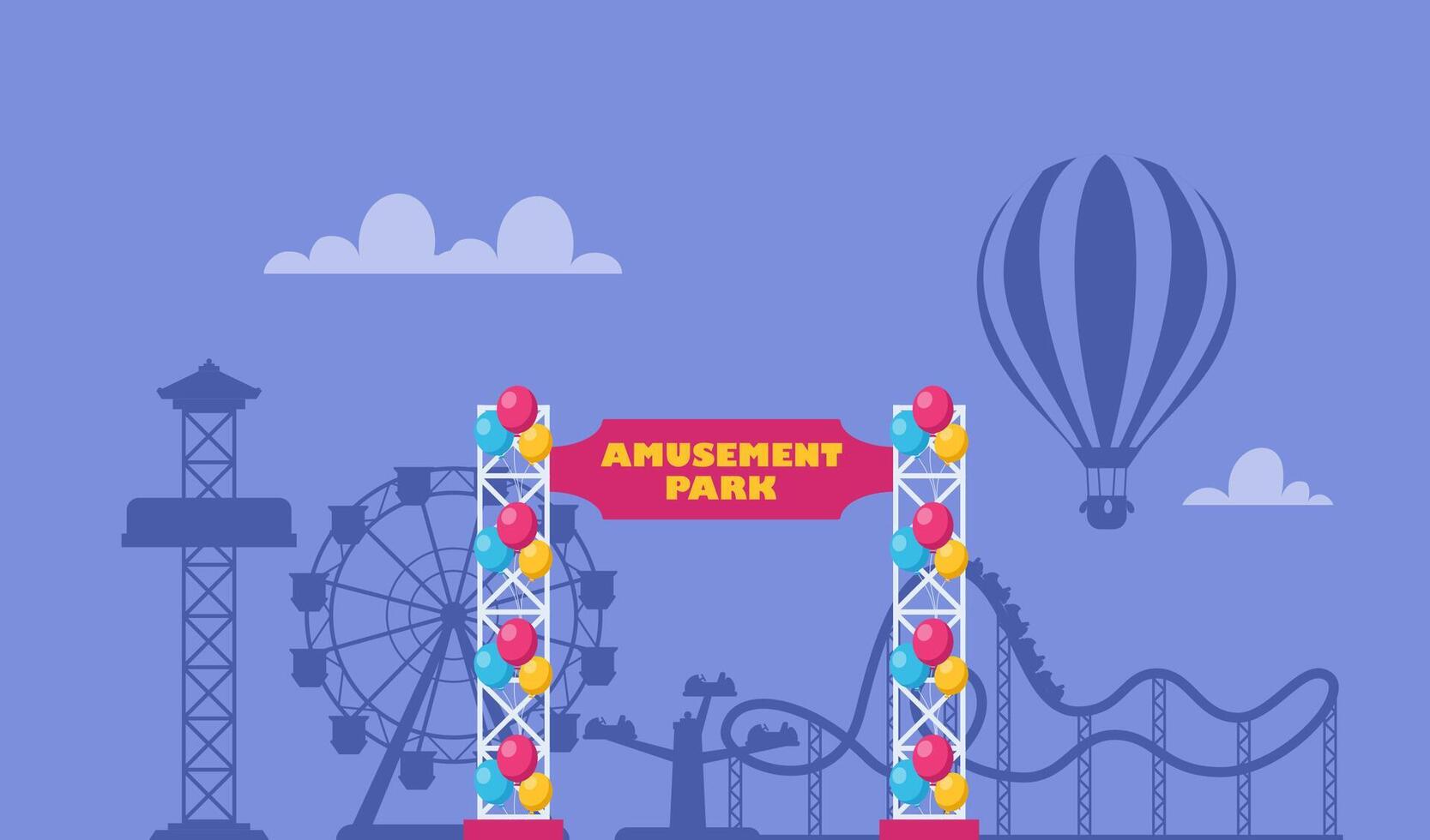 Amusement park composition with outdoor scenery and view of entrance gate, rollercoaster and ferris wheel. illustration. vector