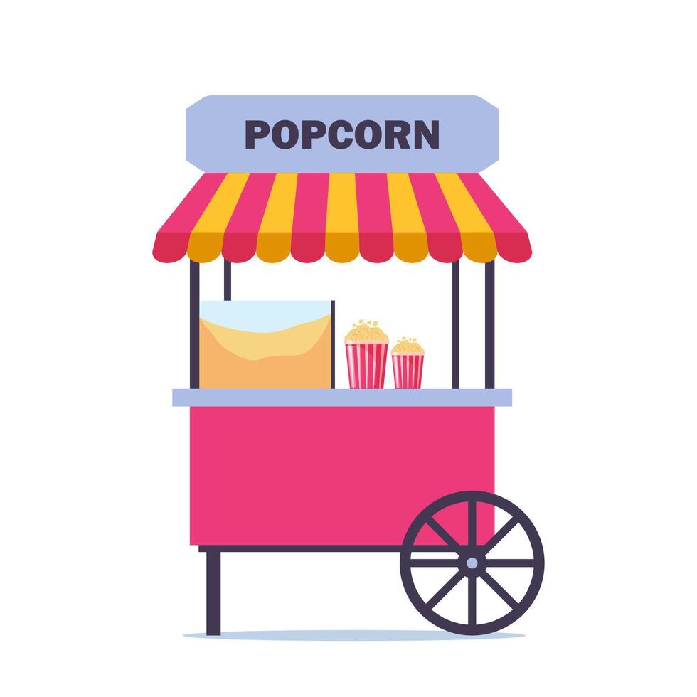 Traditional carnival commercial popcorn popper machine cart with tent. Popcorn cart in amusement park. . vector