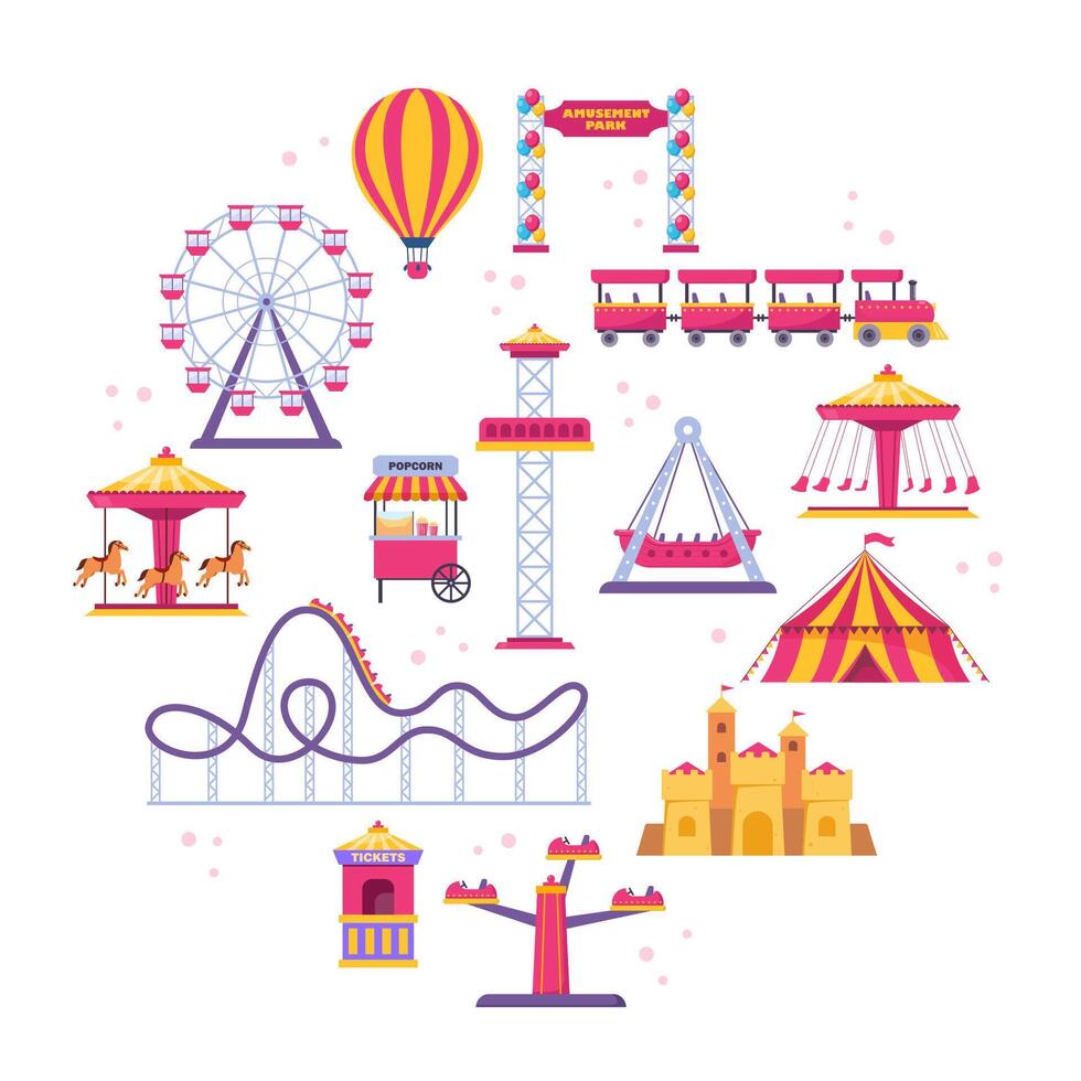 Amusement park icons. carnival circus tent, ferris wheel, roller coaster, carousel and popcorn booth, tickets box, balloon. . vector