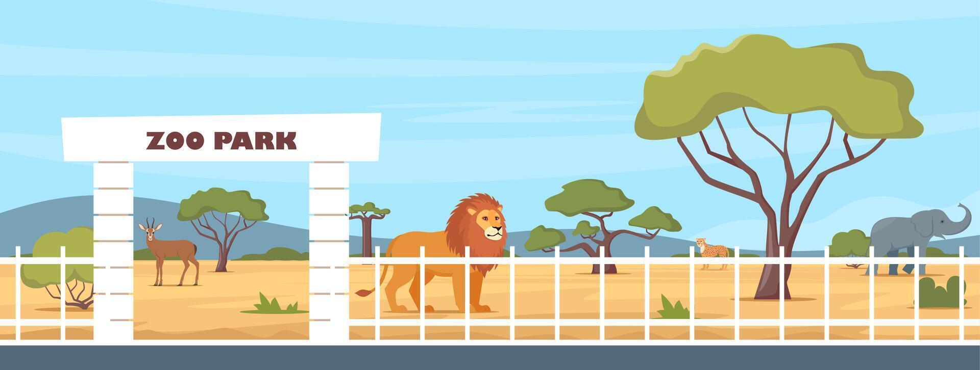 Zoo entrance gate and exotic African animals. Elephant, giraffe, camel, cheetah, lion, flamingo, vulture, monkey on territory of wildlife zoo park surrounded by fence. illustration. vector