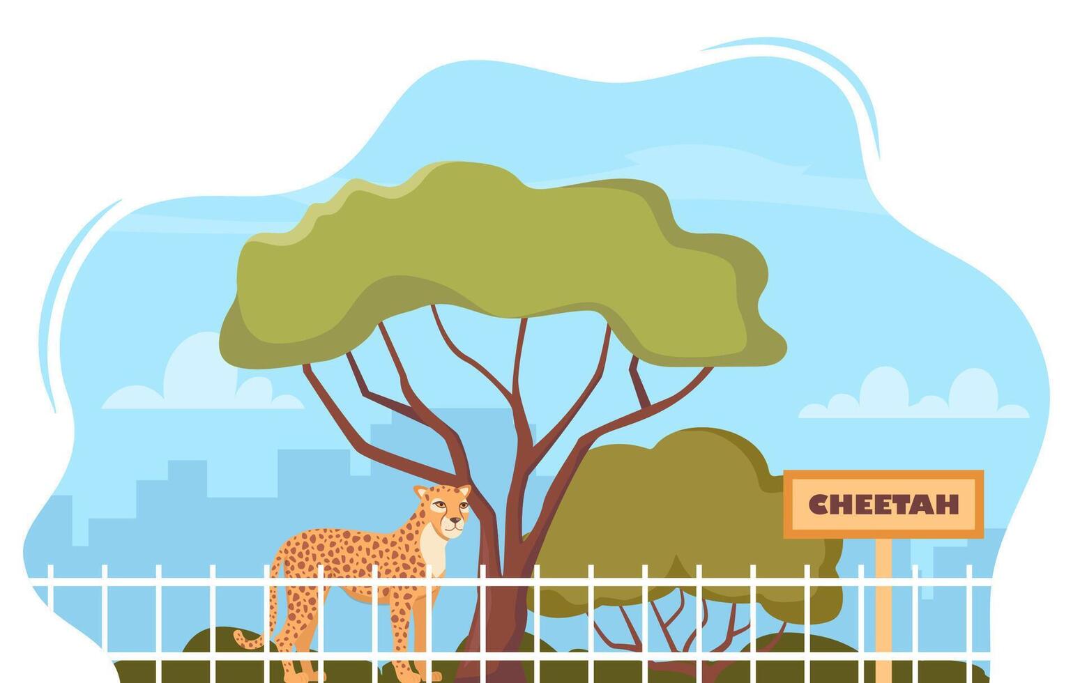 Cheetah on territory of wildlife zoo park surrounded by fence. illustration. vector