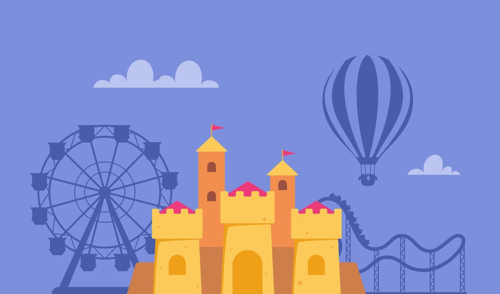Amusement park composition with outdoor scenery and view of Fairytale castle, rollercoaster and ferris wheel. illustration. vector