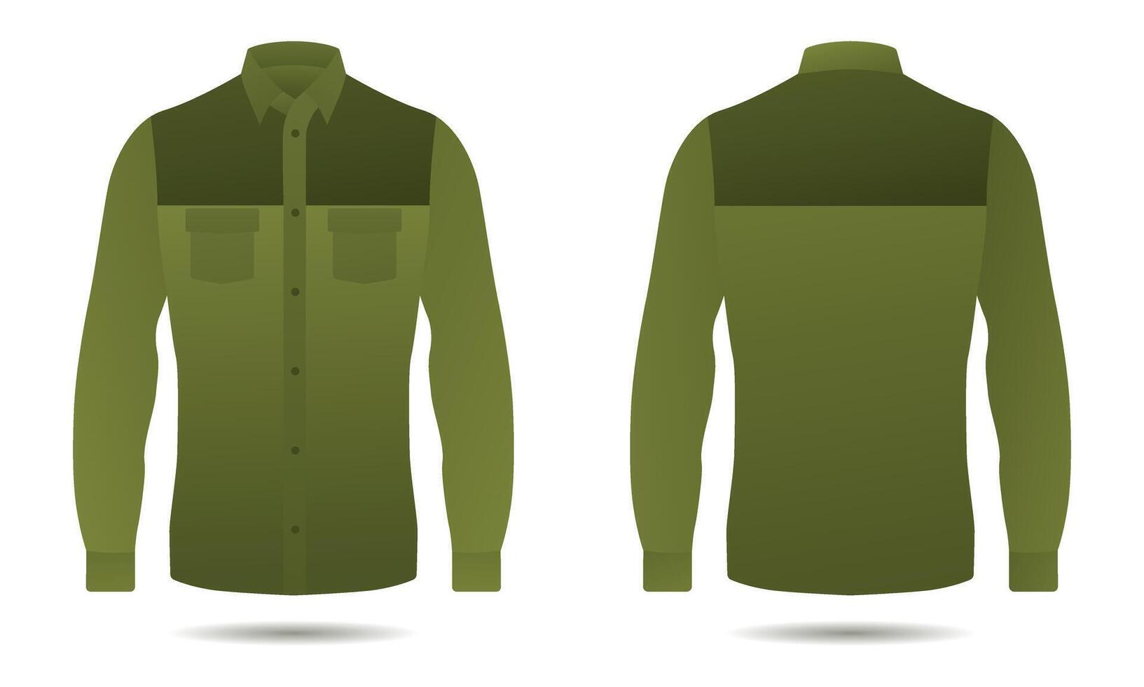 Army green long sleeve button down shirt mockup front and back view vector