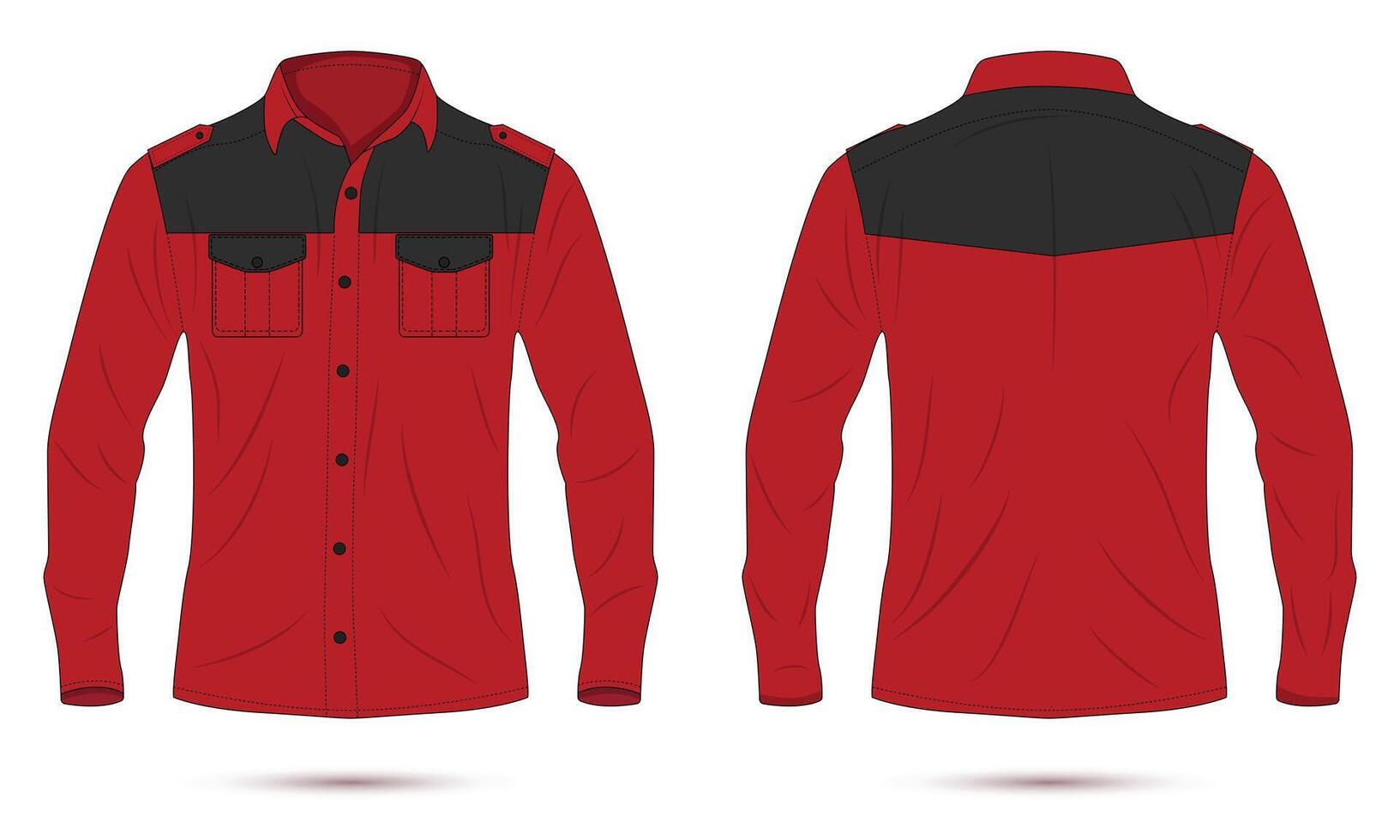 Red and black long sleeve button down work shirt mockup front and back view vector