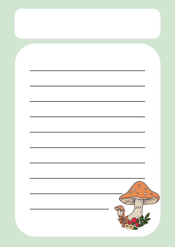 A template for notes with a forest-themed design, featuring mushrooms, berries, and leaves. Create a notebook. vector