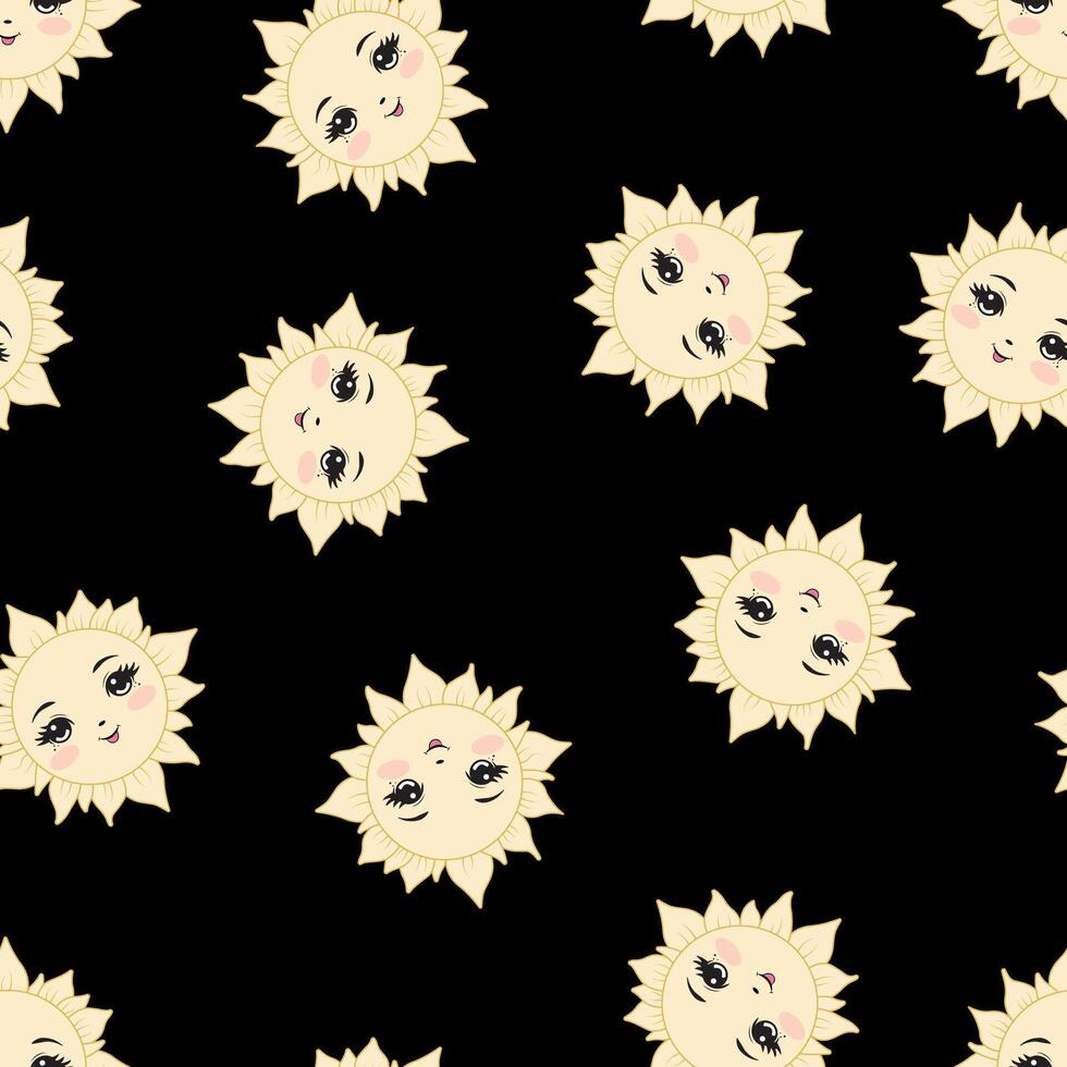 Seamless pattern featuring the sun against a black background, designed for children. vector