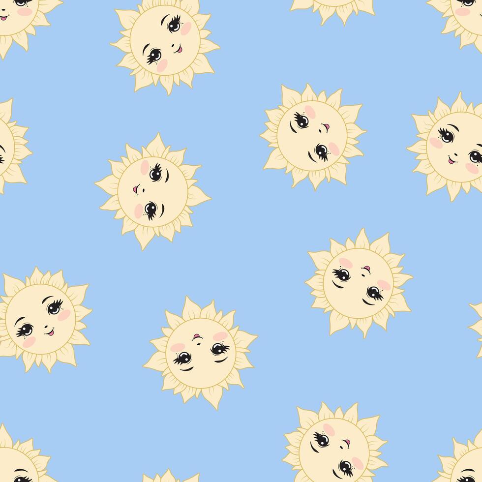 A seamless pattern featuring the sun against a blue backdrop. This is a children's pattern. vector